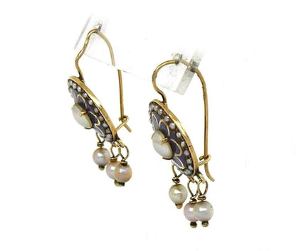 Enamel & Pearls Floral Hook 14k Yellow Gold Dangle Earrings