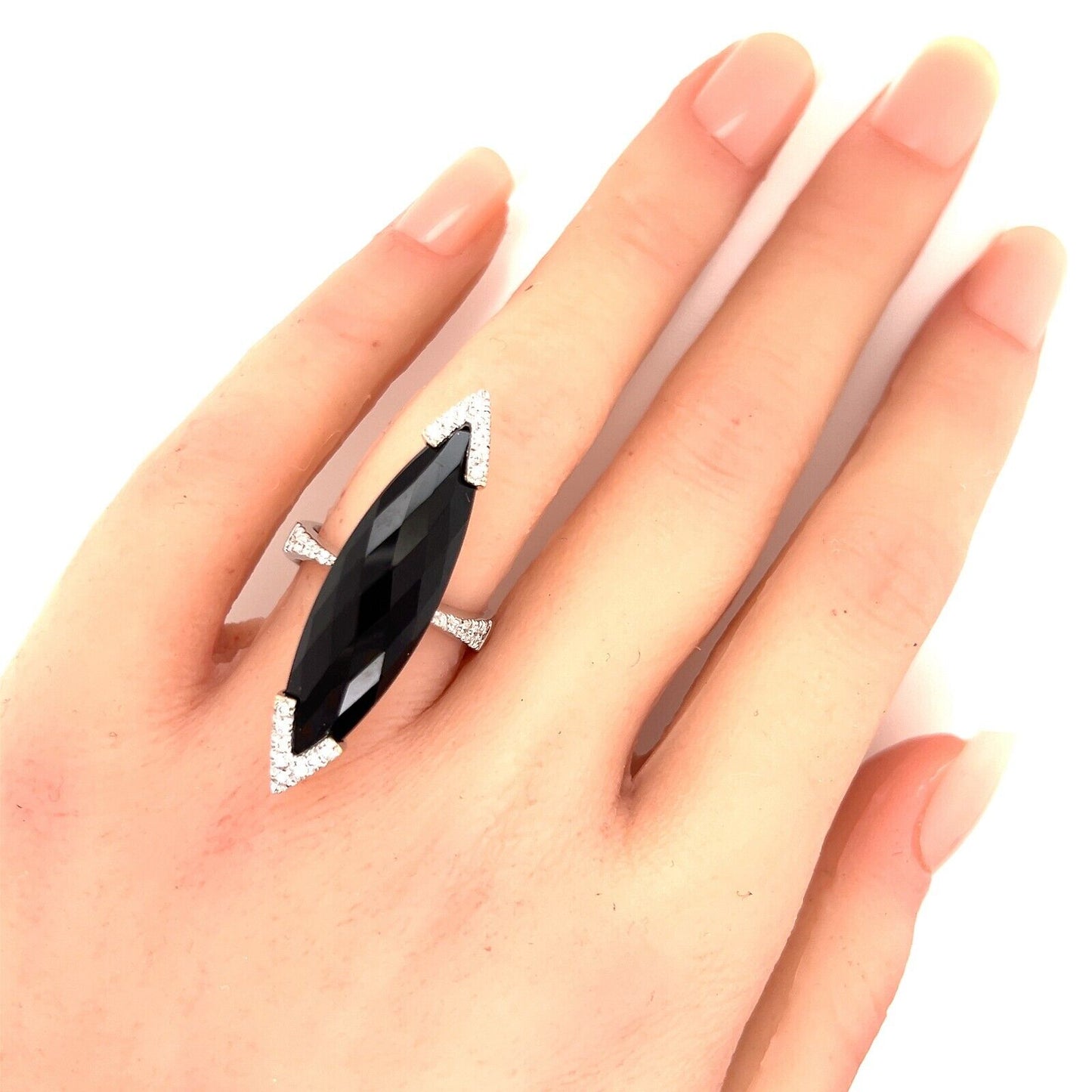 Roberto Coin Diamond Onyx 18k White Gold Long Marquise Shape Ring - Size 6