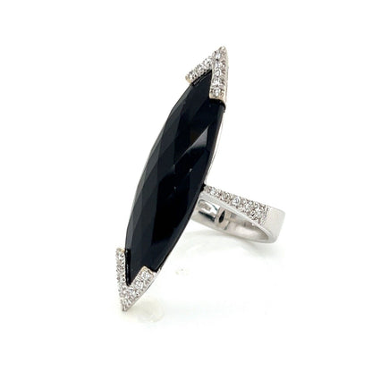 Roberto Coin Diamond Onyx 18k White Gold Long Marquise Shape Ring - Size 6