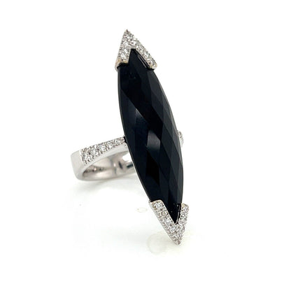 Roberto Coin Diamond Onyx 18k White Gold Long Marquise Shape Ring - Size 6