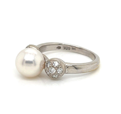 Mikimoto Akoya Pearl Diamond 18k White Gold Cocktail Ring - Size 4.5