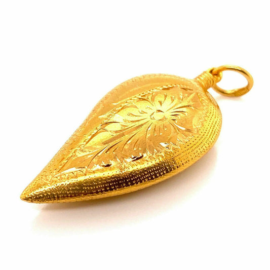 Etched Floral Pear Shape 24k Gold Charm Pendant