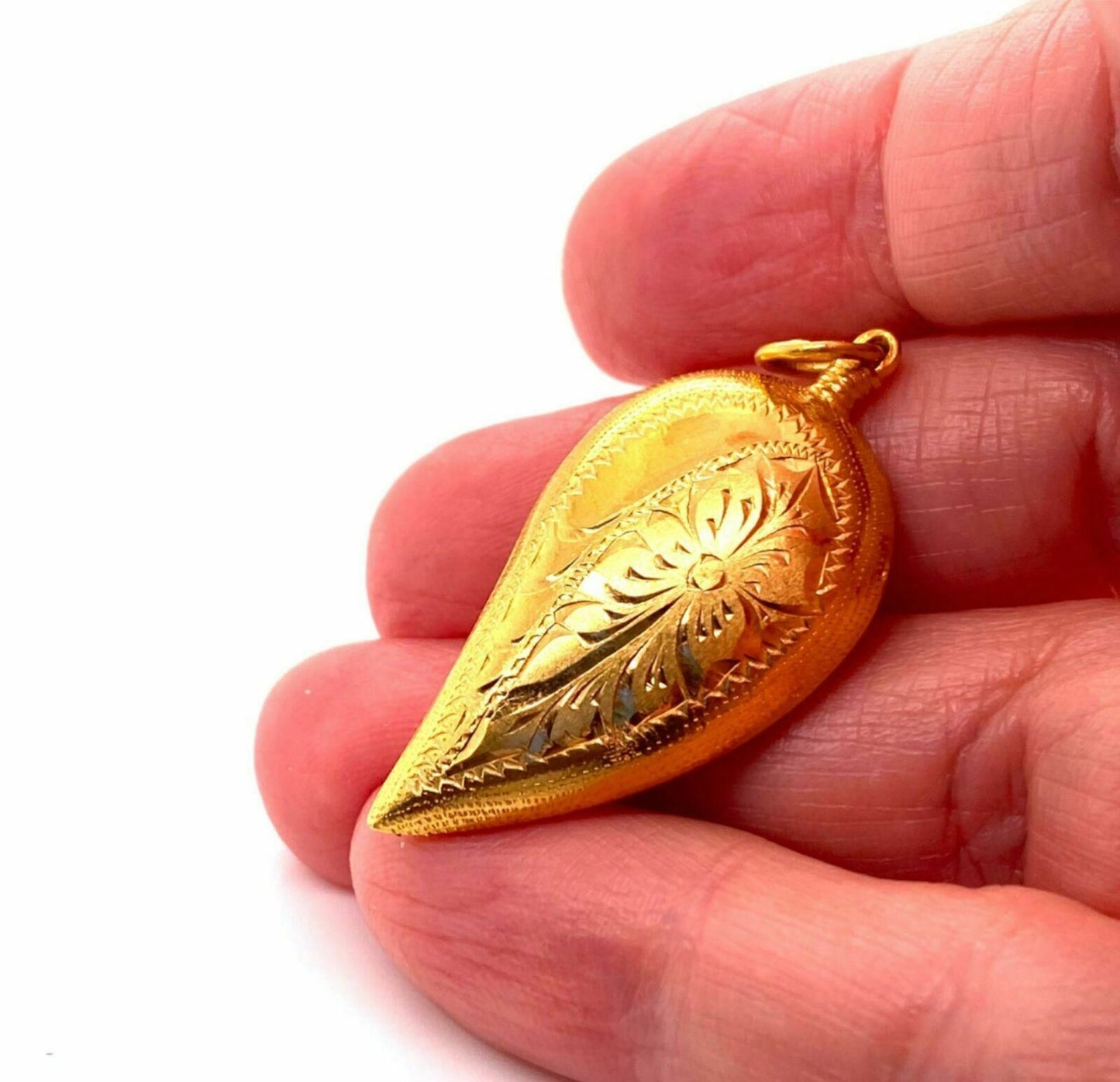 Etched Floral Pear Shape 24k Gold Charm Pendant