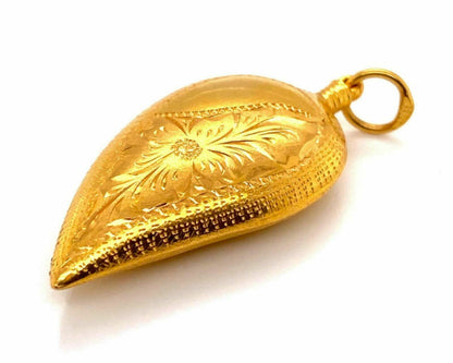 Etched Floral Pear Shape 24k Gold Charm Pendant