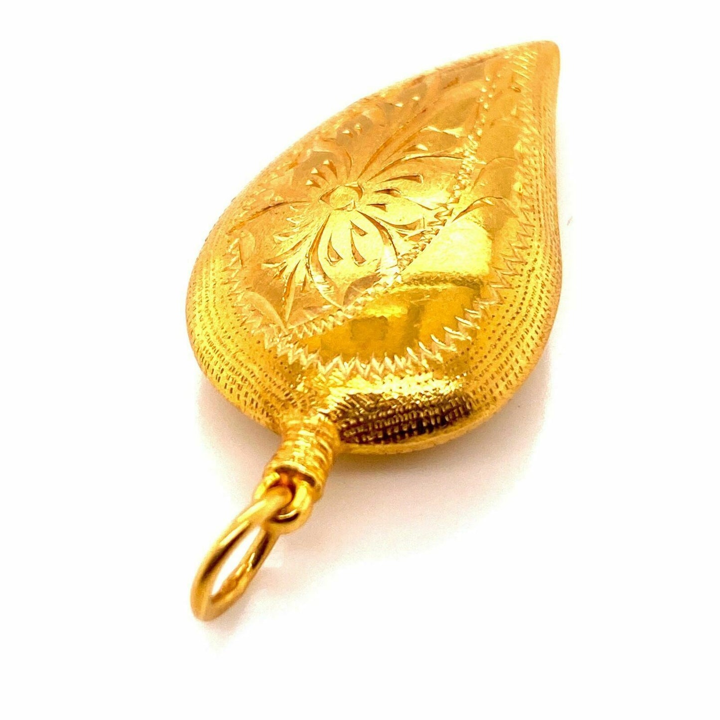 Etched Floral Pear Shape 24k Gold Charm Pendant