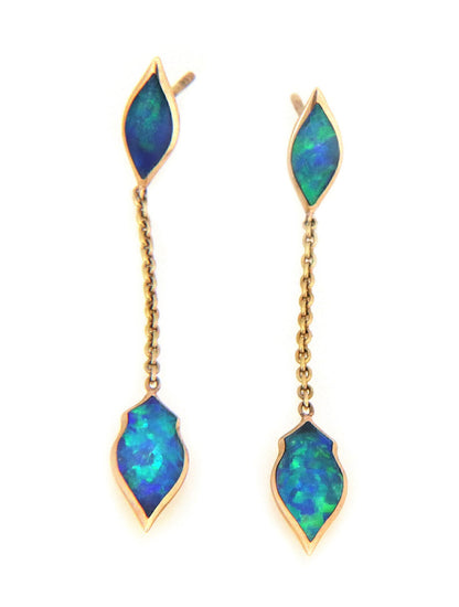 Kabana Fire Opal 14k Yellow Gold Leaf Long Dangle Earrings