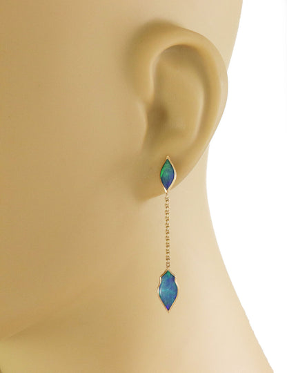 Kabana Fire Opal 14k Yellow Gold Leaf Long Dangle Earrings