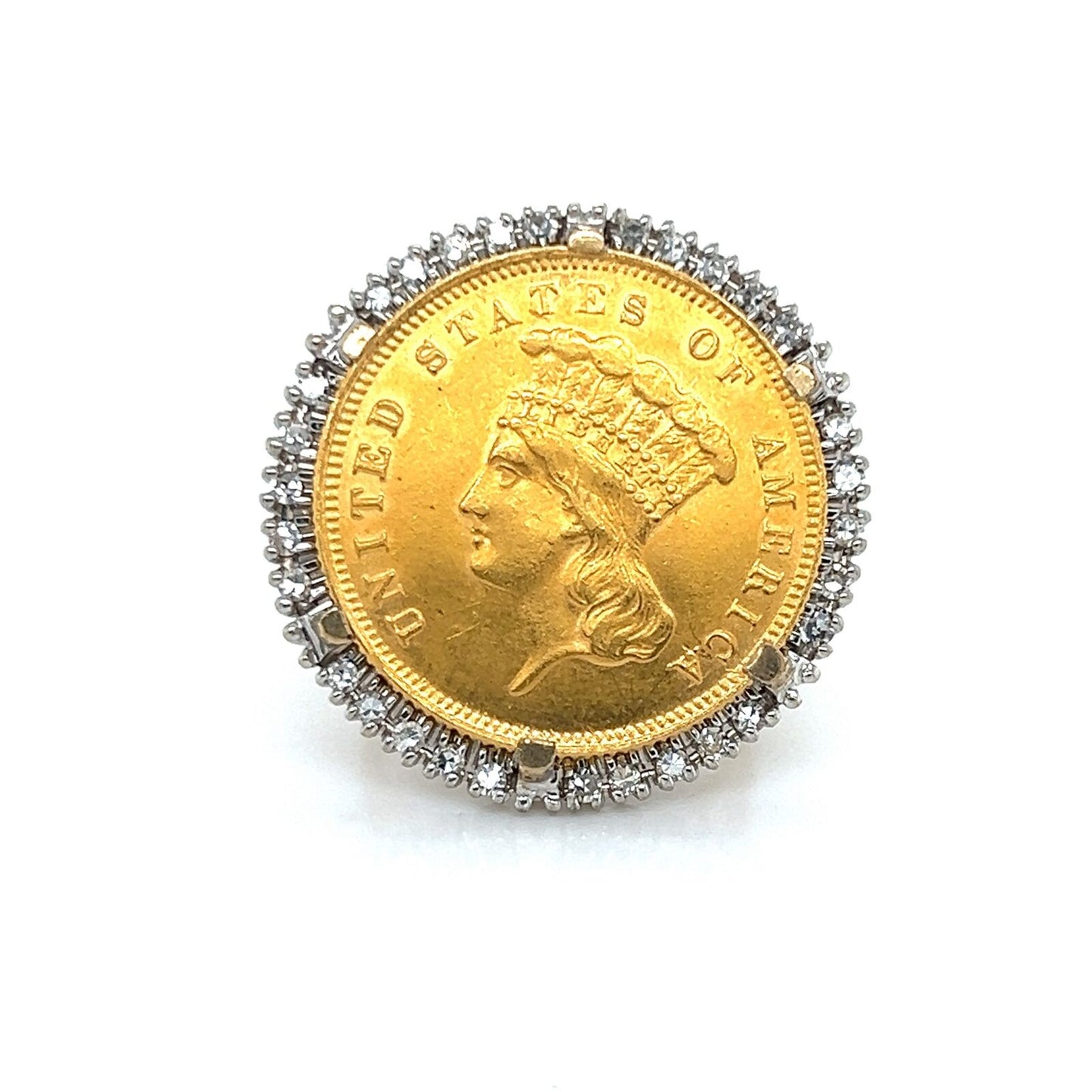 1855 Indian Princess $3 Gold Coin w/Diamond Bezel set in 14k Gold Ring - Size 4