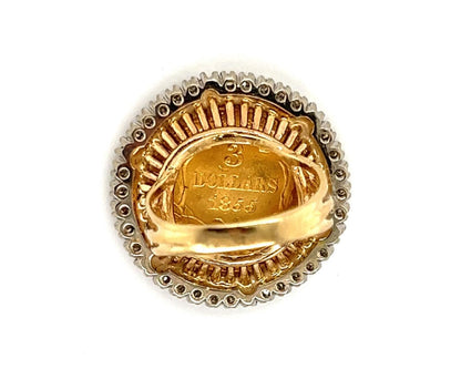 1855 Indian Princess $3 Gold Coin w/Diamond Bezel set in 14k Gold Ring - Size 4