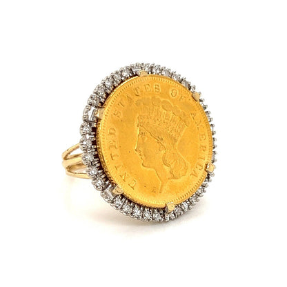 1855 Indian Princess $3 Gold Coin w/Diamond Bezel set in 14k Gold Ring - Size 4