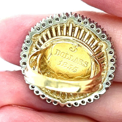 1855 Indian Princess $3 Gold Coin w/Diamond Bezel set in 14k Gold Ring - Size 4