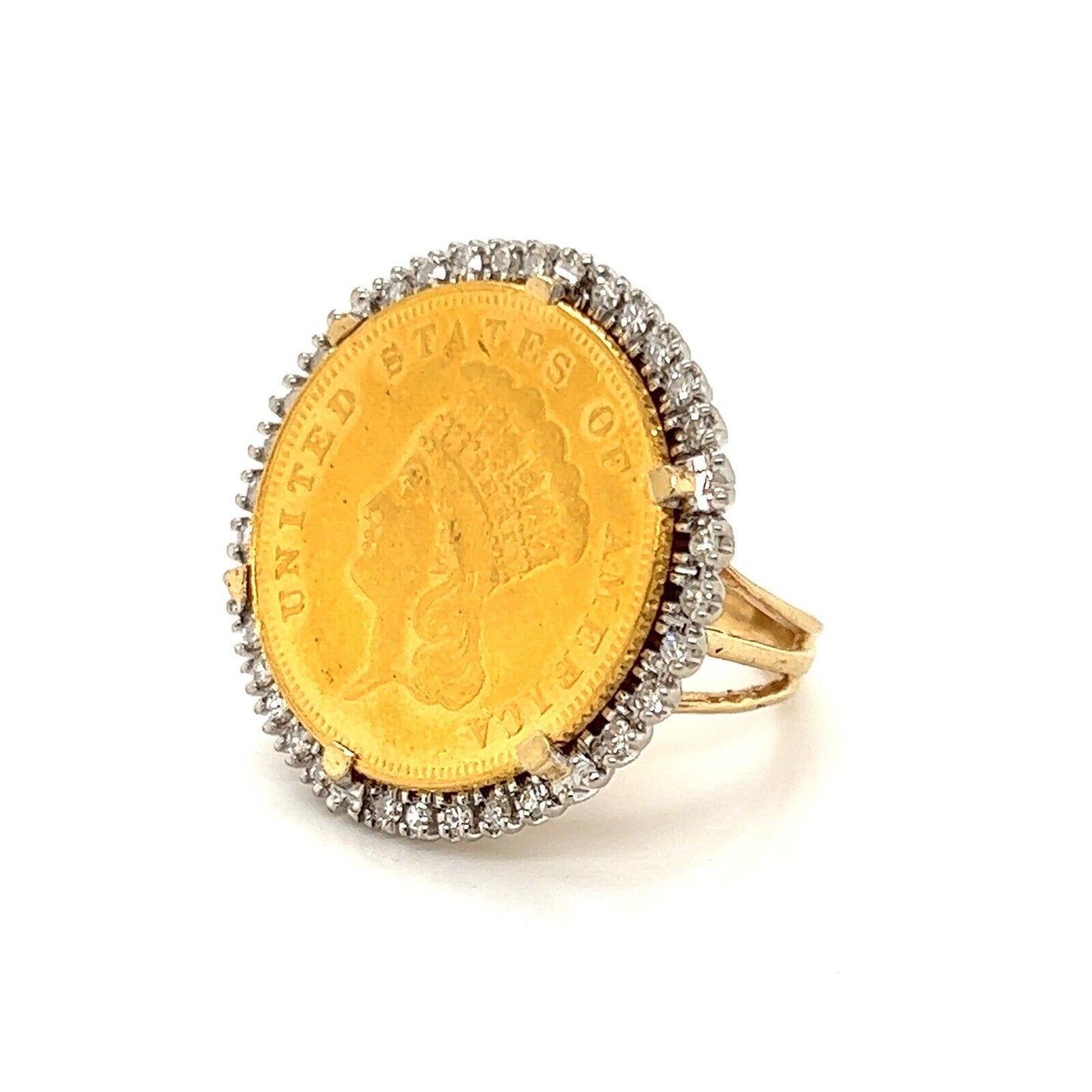 1855 Indian Princess $3 Gold Coin w/Diamond Bezel set in 14k Gold Ring - Size 4