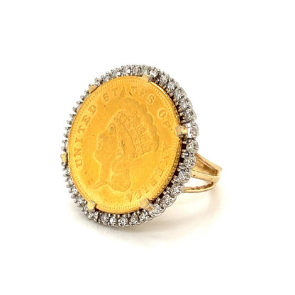 1855 Indian Princess $3 Gold Coin w/Diamond Bezel set in 14k Gold Ring - Size 4