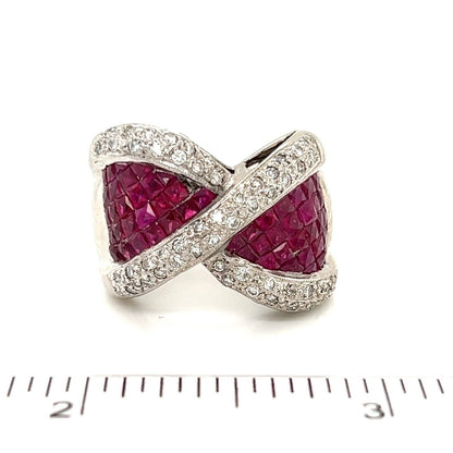 Ruby & Diamond 18k White Gold Wide Crossover Band Ring - Size 7