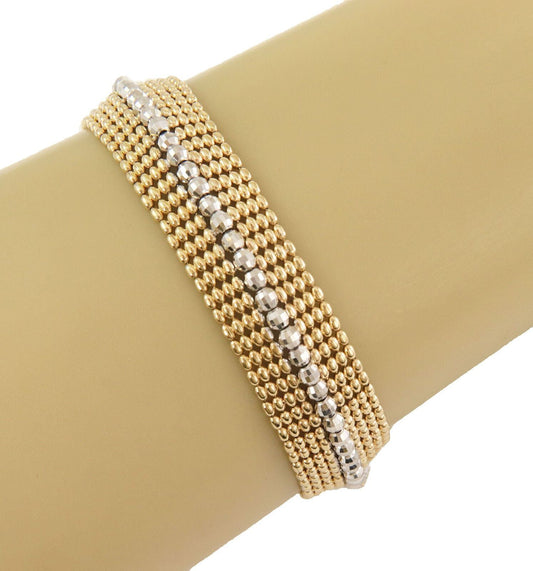 Wide Beaded Mesh 14k Two Tone Gold Bracelet