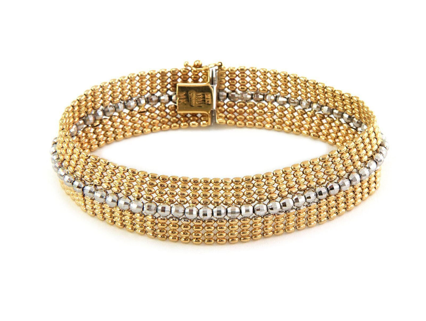 Wide Beaded Mesh 14k Two Tone Gold Bracelet