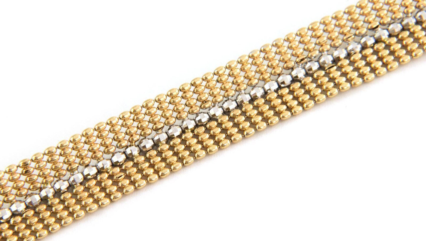 Wide Beaded Mesh 14k Two Tone Gold Bracelet