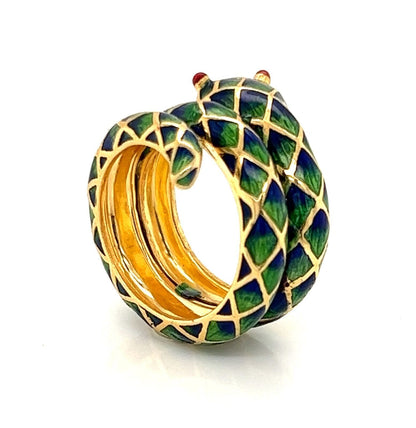 Enamel 18k Yellow Gold Snake Wrap Ring - Size 5