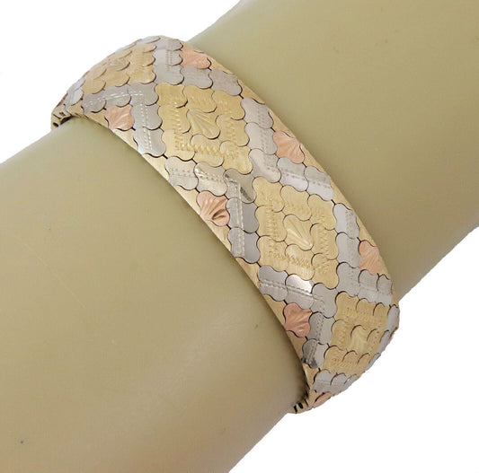 Wide Mosaic 14k Tri Color Gold Wide Bracelet