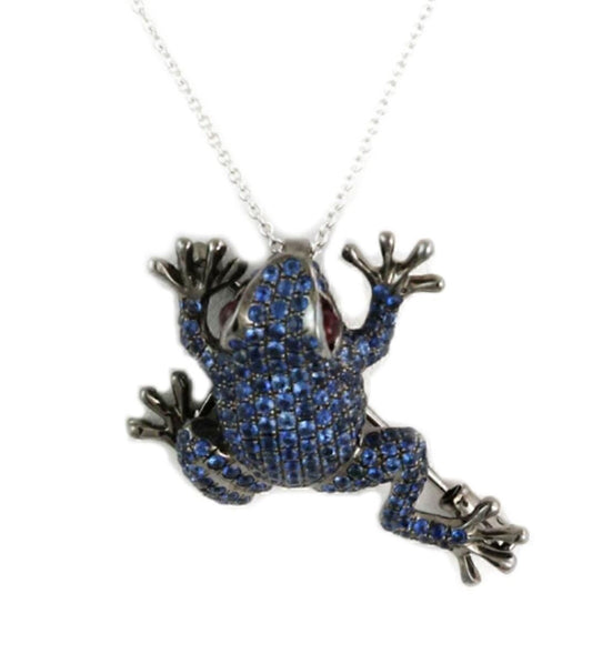 Blue Sapphire & Ruby 18k White Gold Frog Brooch Pendant Necklace