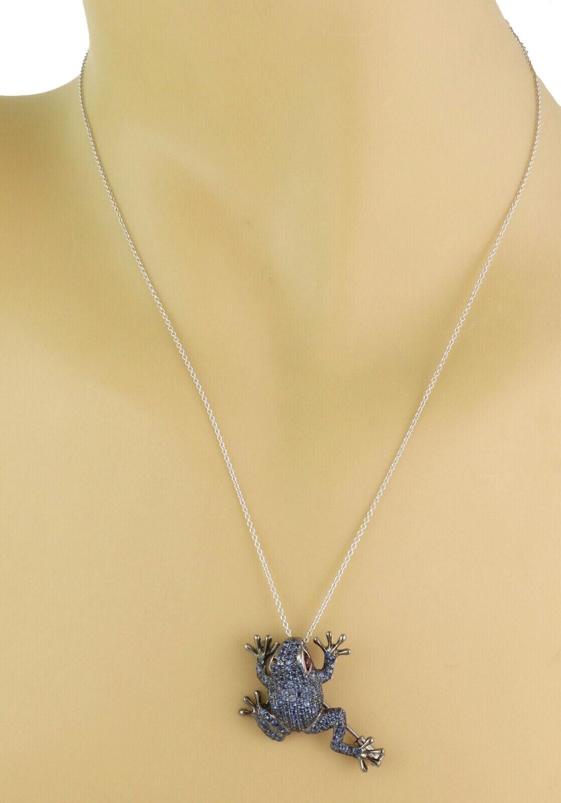 Blue Sapphire & Ruby 18k White Gold Frog Brooch Pendant Necklace