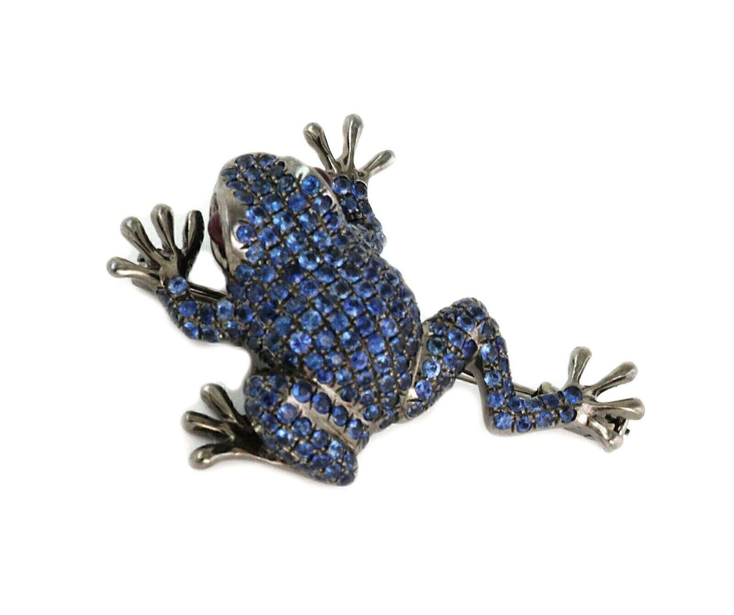 Blue Sapphire & Ruby 18k White Gold Frog Brooch Pendant Necklace