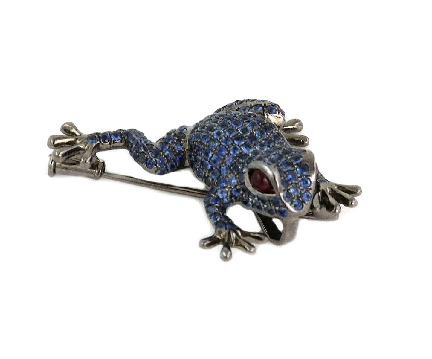 Blue Sapphire & Ruby 18k White Gold Frog Brooch Pendant Necklace