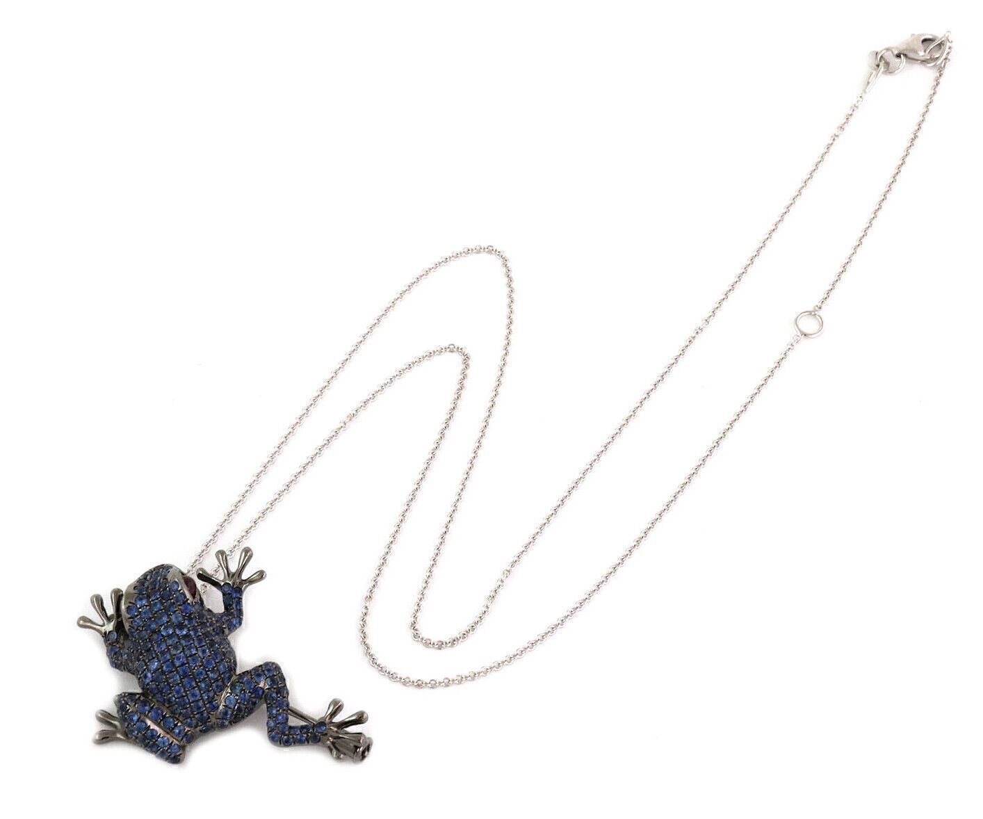 Blue Sapphire & Ruby 18k White Gold Frog Brooch Pendant Necklace