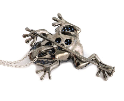 Blue Sapphire & Ruby 18k White Gold Frog Brooch Pendant Necklace