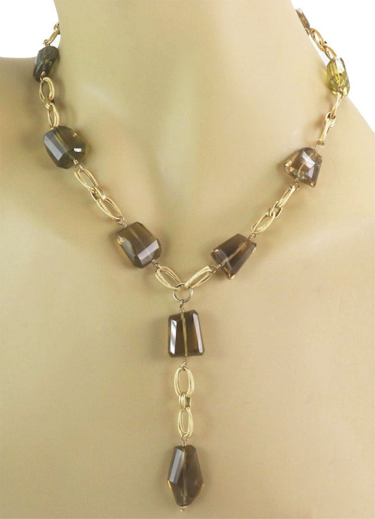 Smoky Quartz Fancy Oval Link 14k Yellow Gold Lariat Necklace