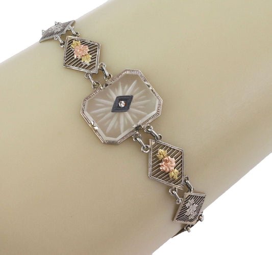 Diamond Camphor Glass 14k Rose White Yellow Gold Link Bracelet