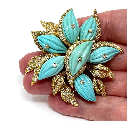 Stunning 4.00ct Diamond Turquoise 18k Yellow Gold Large Flower Brooch Pin