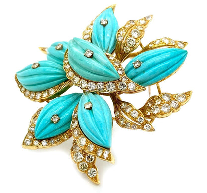 Stunning 4.00ct Diamond Turquoise 18k Yellow Gold Large Flower Brooch Pin
