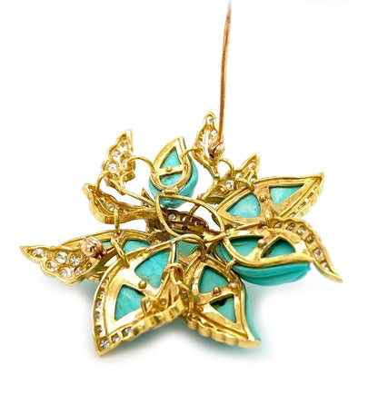 Stunning 4.00ct Diamond Turquoise 18k Yellow Gold Large Flower Brooch Pin