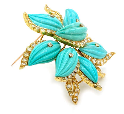 Stunning 4.00ct Diamond Turquoise 18k Yellow Gold Large Flower Brooch Pin