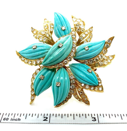 Stunning 4.00ct Diamond Turquoise 18k Yellow Gold Large Flower Brooch Pin