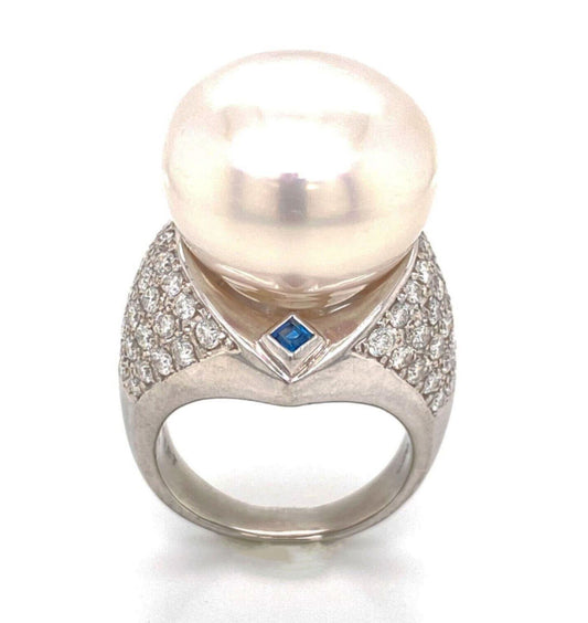 Platinum Large 18mm Pearl Diamond Sapphire Cocktail Ring - Size 8