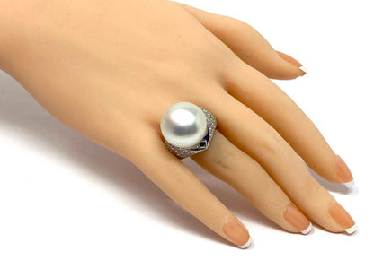 Platinum Large 18mm Pearl Diamond Sapphire Cocktail Ring - Size 8