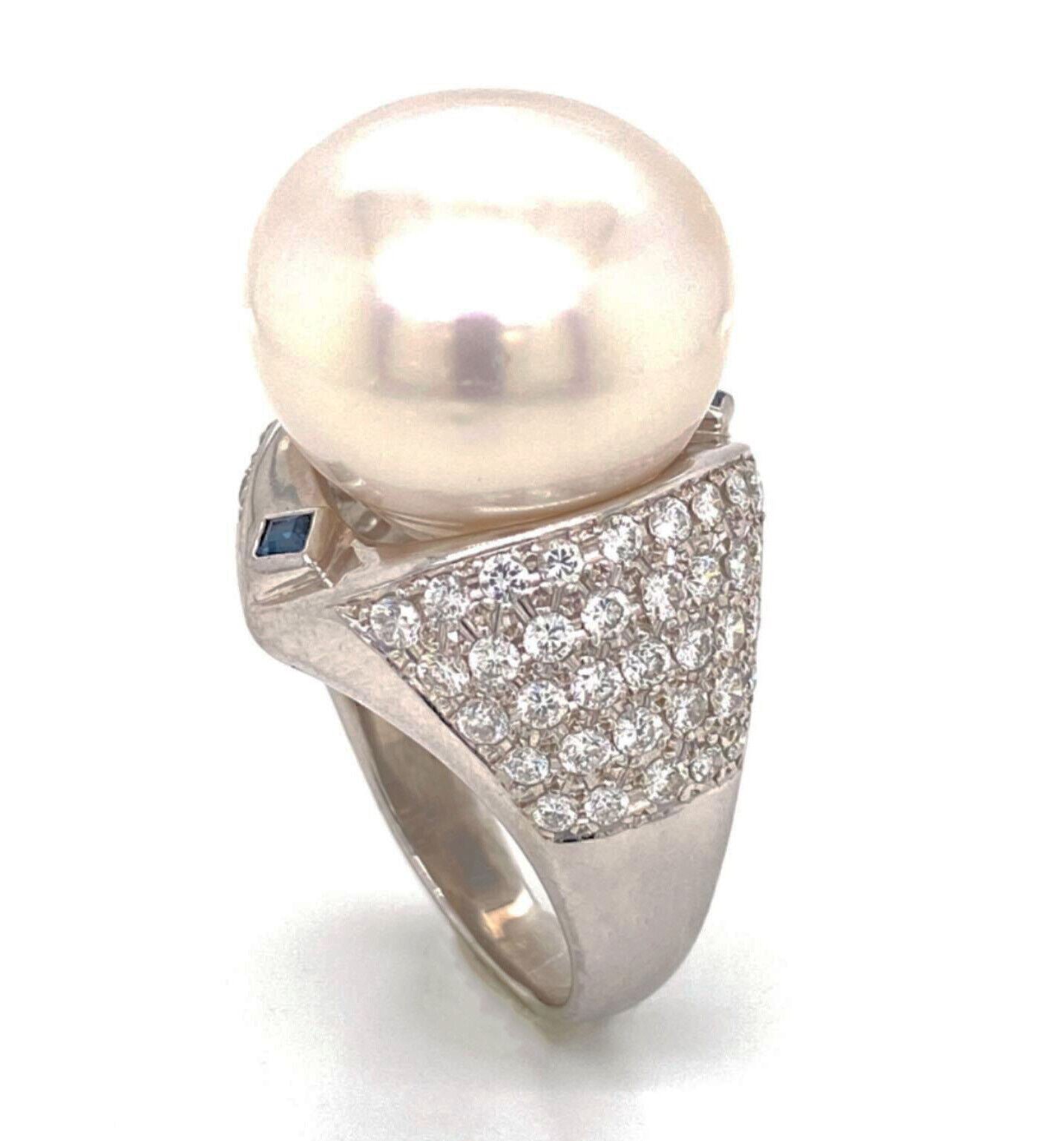 Platinum Large 18mm Pearl Diamond Sapphire Cocktail Ring - Size 8