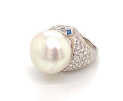 Platinum Large 18mm Pearl Diamond Sapphire Cocktail Ring - Size 8