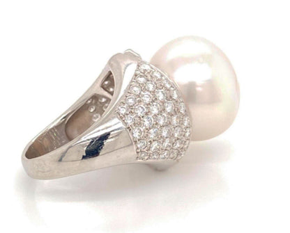 Platinum Large 18mm Pearl Diamond Sapphire Cocktail Ring - Size 8