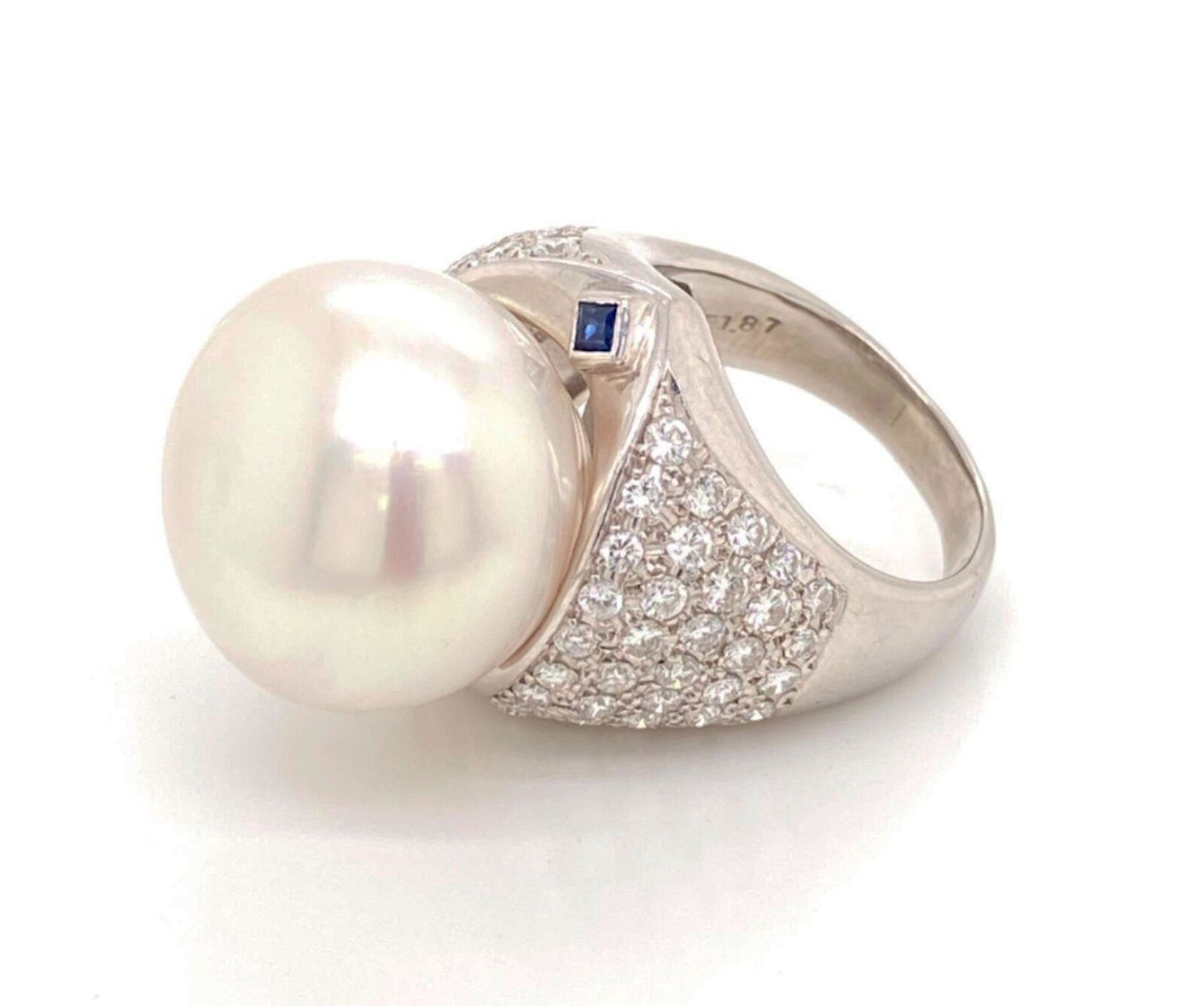 Platinum Large 18mm Pearl Diamond Sapphire Cocktail Ring - Size 8