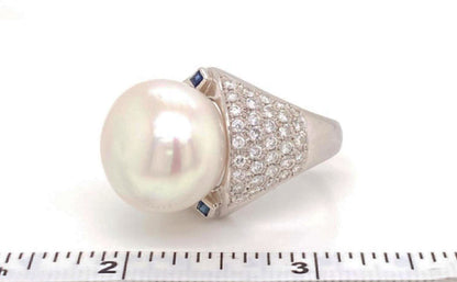 Platinum Large 18mm Pearl Diamond Sapphire Cocktail Ring - Size 8