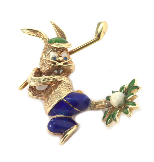 Multicolor Enamel 14k Yellow Gold Rabbit Golfer Pin Brooch