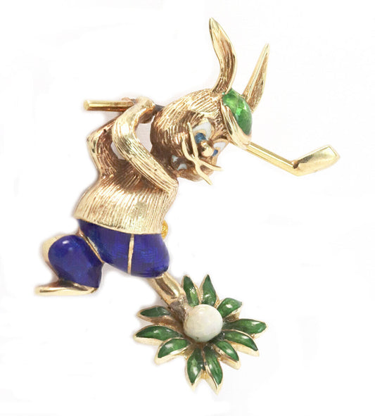 Multicolor Enamel 14k Yellow Gold Rabbit Golfer Pin Brooch