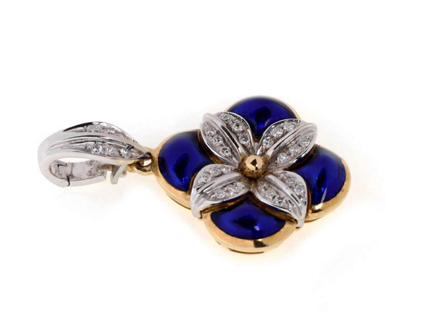 H. Stern 18k Two Tone  Diamond Blue Enamel Gold Flower Charm Pendant