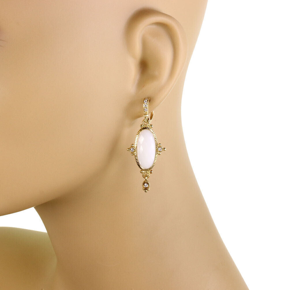 Judith Ripka Diamond White Chalcedony 18k Yellow Gold Drop Dangle Earrings