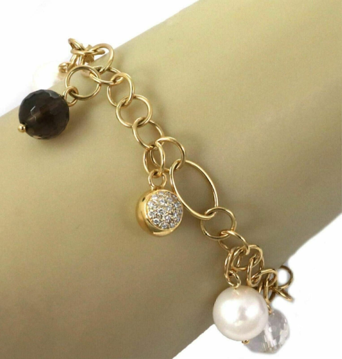 K Di Kuore 18k Yellow Gold Diamond Pearls & Quartz Charms Link Bracelet