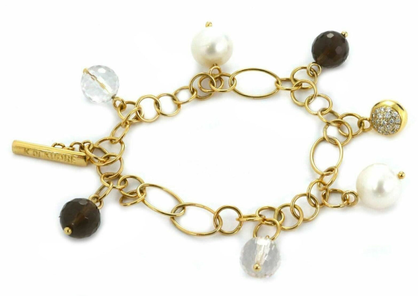 K Di Kuore 18k Yellow Gold Diamond Pearls & Quartz Charms Link Bracelet