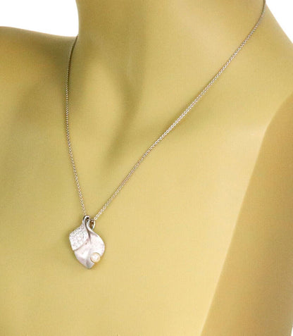 Mikimoto Diamond Akoya Pearl 18k White Gold Double Leaf Pendant Necklace